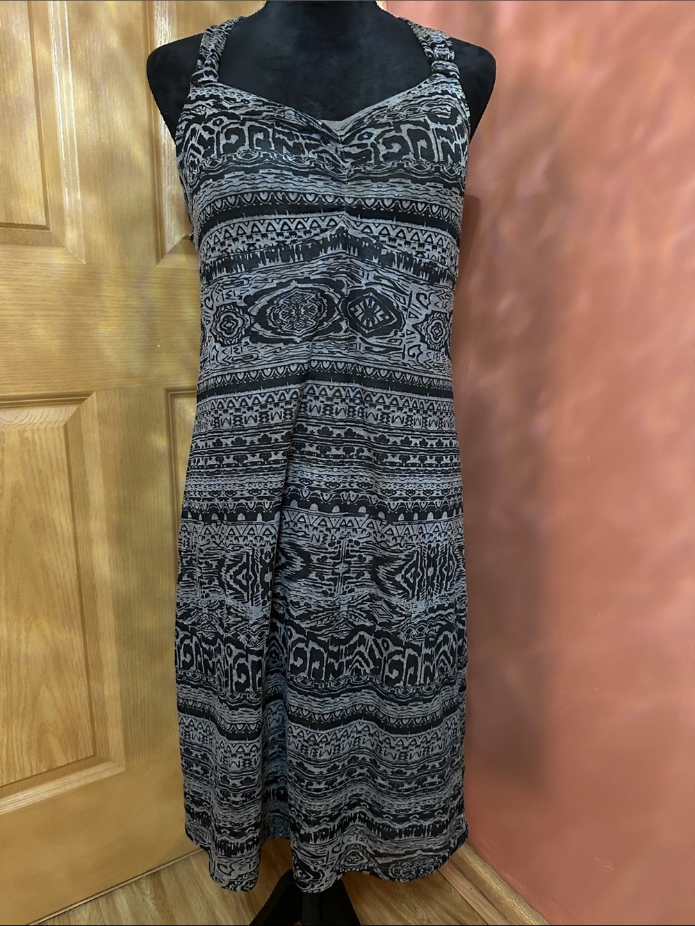 Dakini Black and Gray Tribal-Print Midi Dress